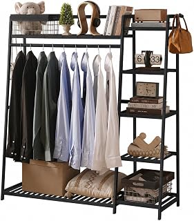 Baveke Standing Clothes Rack with Shelves, Free Standing Closet Garment Racks for Hanging Clothes, 7 Shelf Bamboo Closet Organizer System, Heavy Duty Clothes Hanging Rack for Bedroom, Black