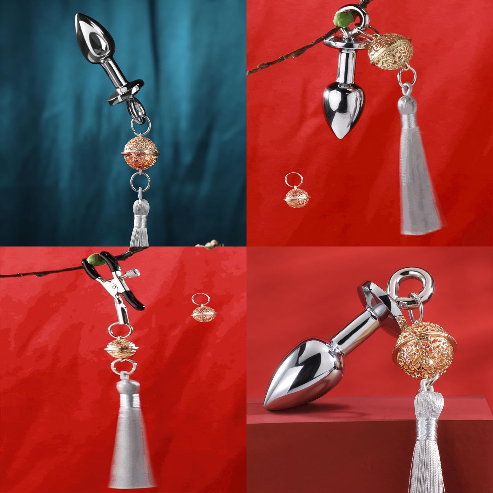 Morsetti per capezzoli con plug anale in metallo con campanella, gioielli per capezzoli, morsetti per capezzoli, morsetti per seno, pinza per capezzoli, clip per seno, morsetti per seno