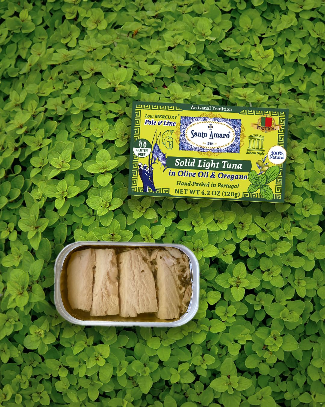 Santo Amaro - Artisanal Wild Tuna Fillets in Olive Oil & Oregano, Pole & Line Caught Tuna from Portugal, Hand-Packed Athens-Style Canned Tuna Fish, 22g Protein, Paleo, Keto, Low Mercury, Pack of 6