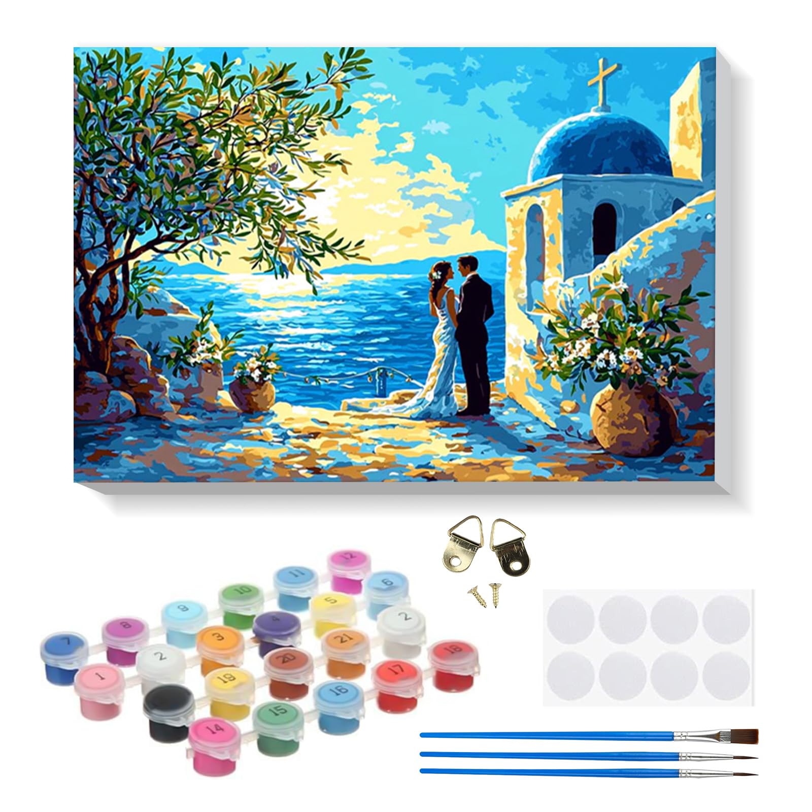 RICUVED DIY Santorini Paint by Numbers Kit for AdultsβScenery Paint by Numbers Oil Painting with Wooden Framed,Easy to Paint Kits with Brushes Acrylic Pigment Drawing Paintwork for Decor 20x30 cm