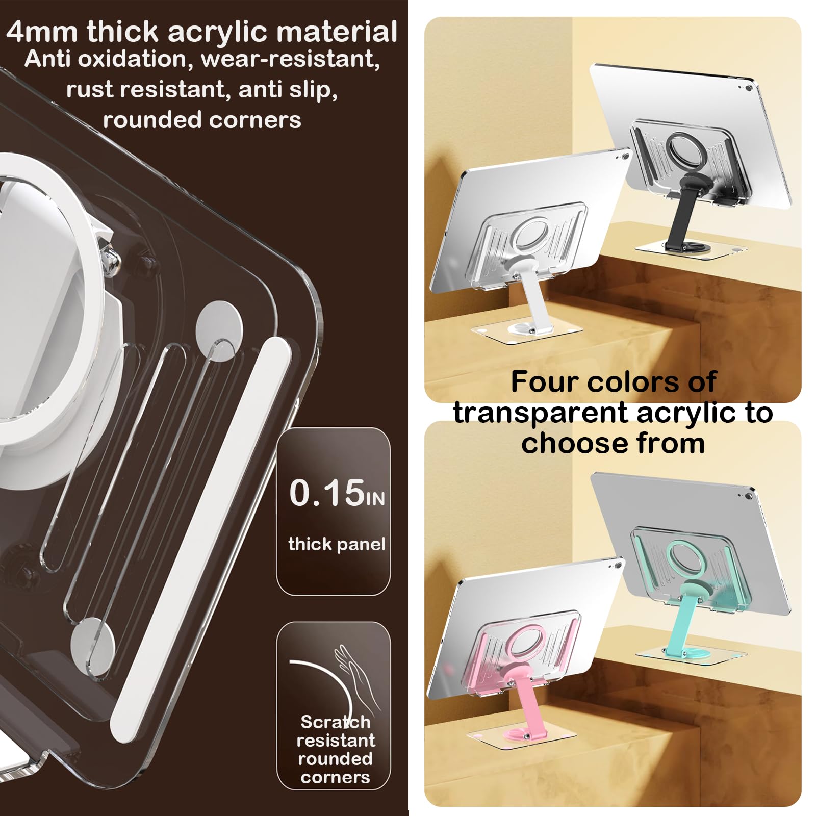Supporto da scrivania per iPad, regolabile a 360°, supporto in acrilico per iPad, monitor e switch iPhone, organizer da scrivania e accessori per donne (rosa)