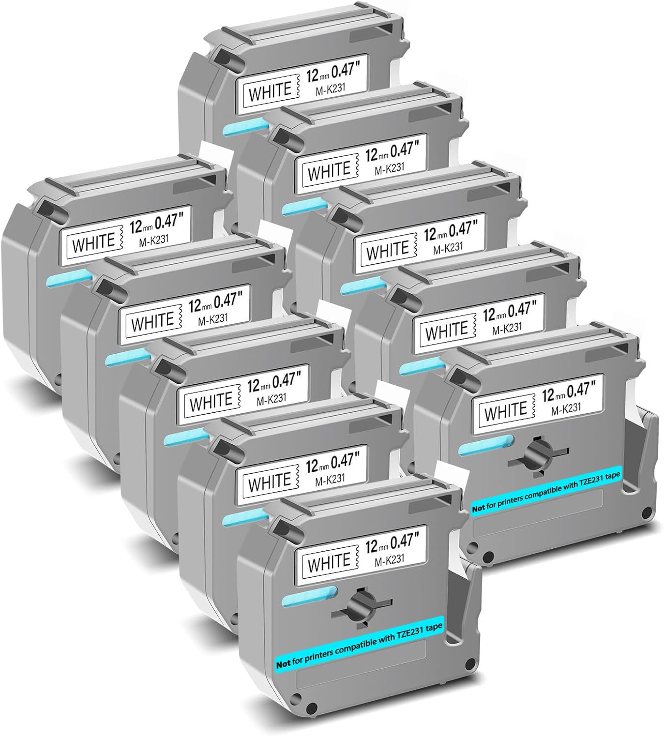GREENCYCLE M-K231 Label Tape Compatible for Brother Ptouch M Tape MK231 M-231 MK231s 12mm 0.47" White Label Tape for PT-M95 PT-90 PT-80 PT-70 PT-65 PT-45 Label Maker Refills, 10 Pack