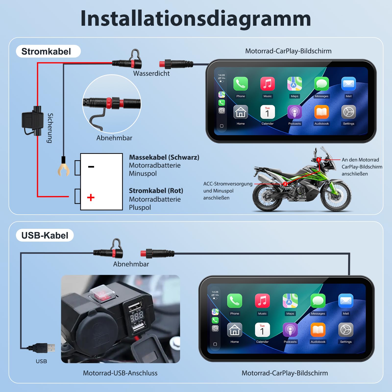 A622 Motorrad CarPlay 6.25 Zoll-Touchscreen-Display, kabelloses CarPlay und Android Auto, IP67 wasserdicht, Reifendruckkontrollsystem (TPMS), Dual-Bluetooth, GPS, USB/Acc-Stromversorgung