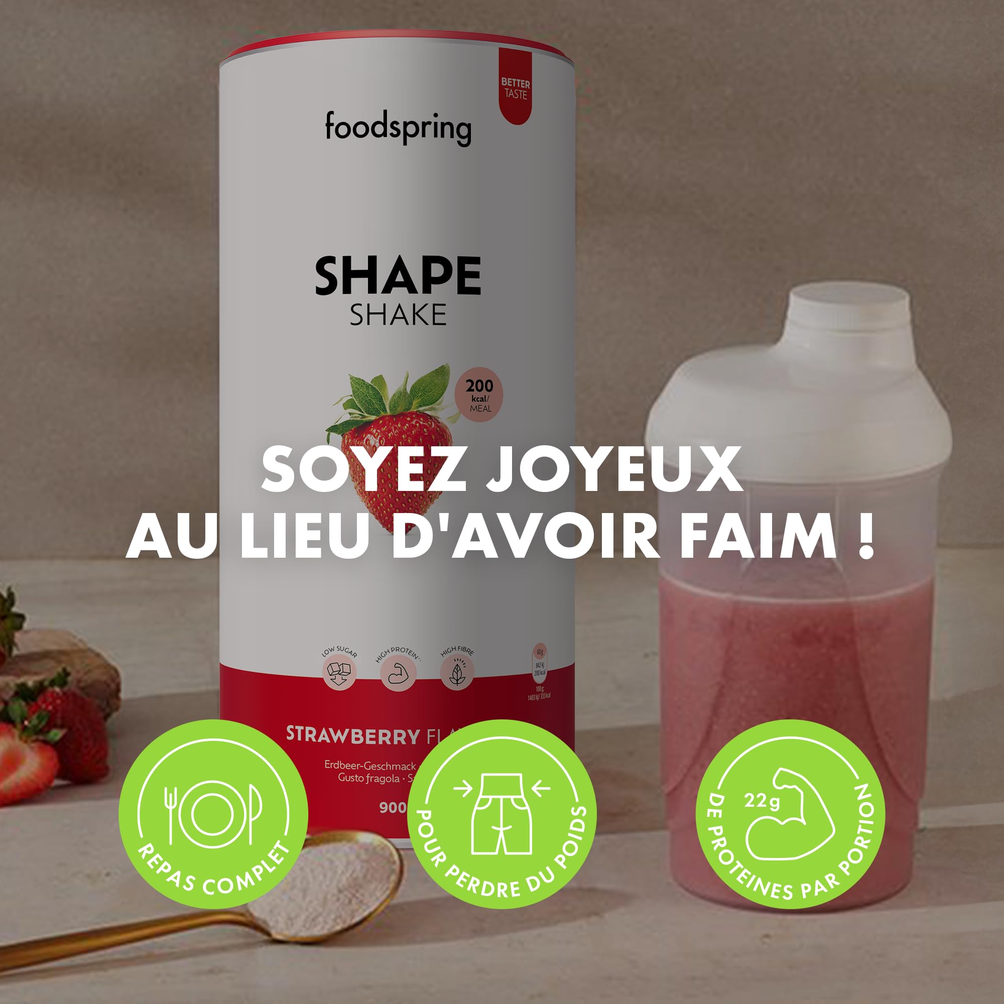 foodspring Shape Shake Fraise - Substitut de repas complet pour le contrôle du poids avec des protéines de qualité supérieure, 202 kcal par portion, sans gluten - nouvelle recette (900g)