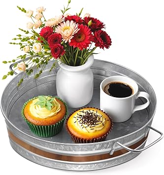 Plexon Metal Serving Tray, Galvanized Tray 12" D with Handles and Copper Decor Trim, Centerpiece Round Coffee Table Steel Silver Trays for Serving Indoor and Outdoor
