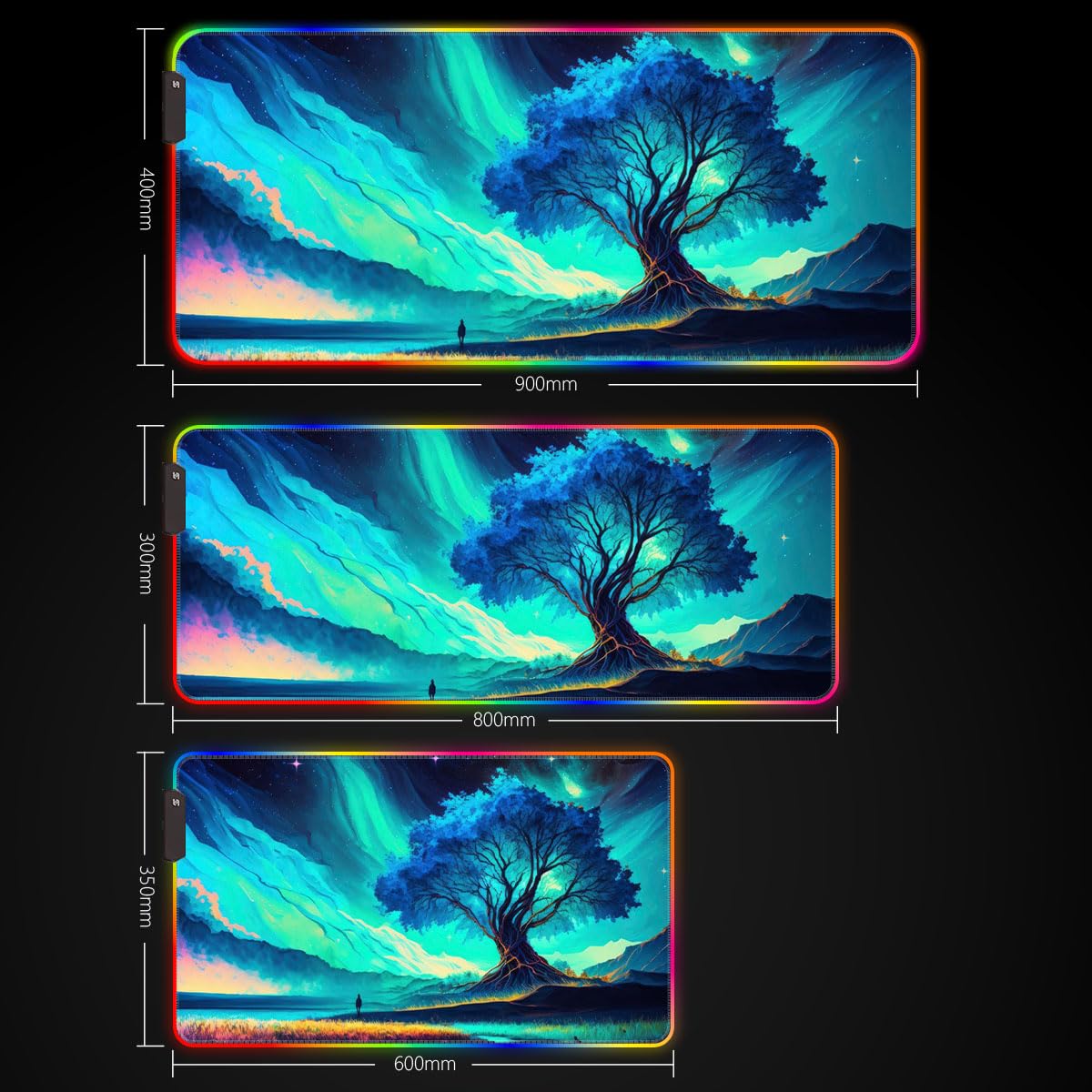 Grand Tapis Souris Jeu à LED RGB 14 Modes Lumineux Antidérapant - Tapis Clavier et Souris Étendu pour PC, Ordinateur Portable, Bureau XXL 15,7 x 35,4 Pouces
