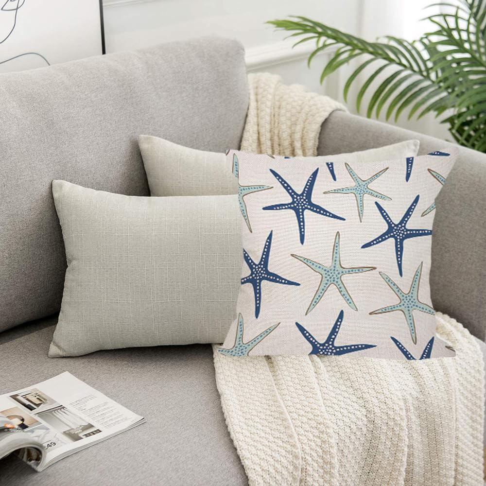 Orythyra Cushion Cover 45x45cm Navy Blue and Turquoise Starfish Cotton Linen Pillow Cover Decorative Throw Pillows Farmhouse Decor for Home Cushion Case 18x18 Inch - Image 4