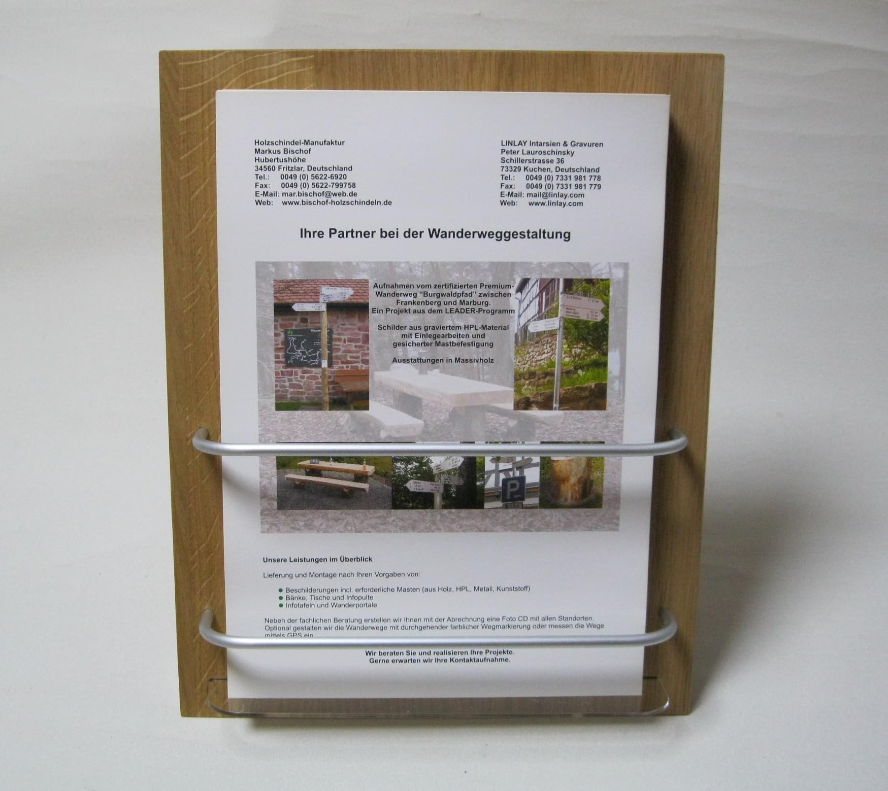 LINLAY Intarsien & Gravuren DIN A4 Flyerhalter robust Holz Alu Acryl Prospektständer Flyerständer Prospekthalter