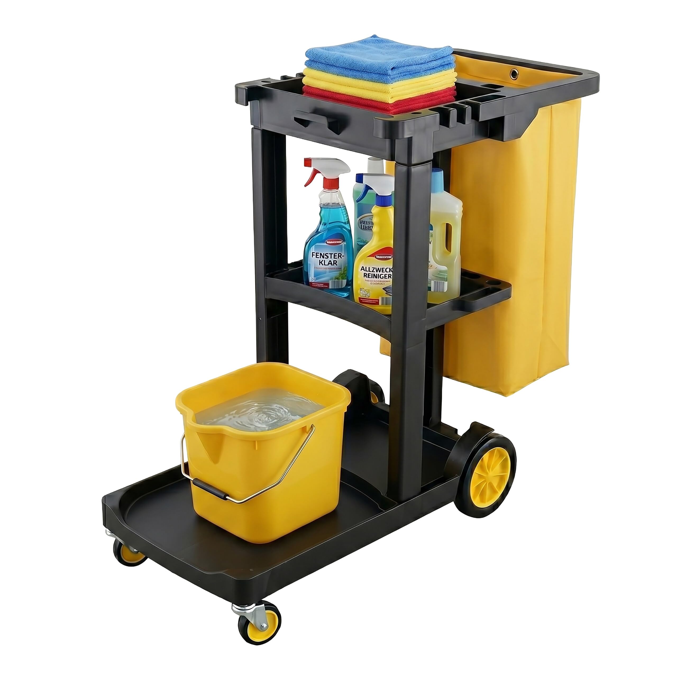 Relaxdays Carro de Limpieza con 3 Estantes, Negro-Amarillo | Soporta hasta 50 kg, incluye bolsa y soporte para escoba. Medidas: 96x112x51 cm