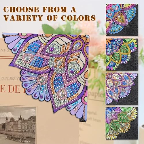 Miniatura 6 de Juego de 4 marcadores de esquina con diseño de diamantes, 4 marcadores de imágenes con patrón de flores triangulares 5D para amantes de los libros y