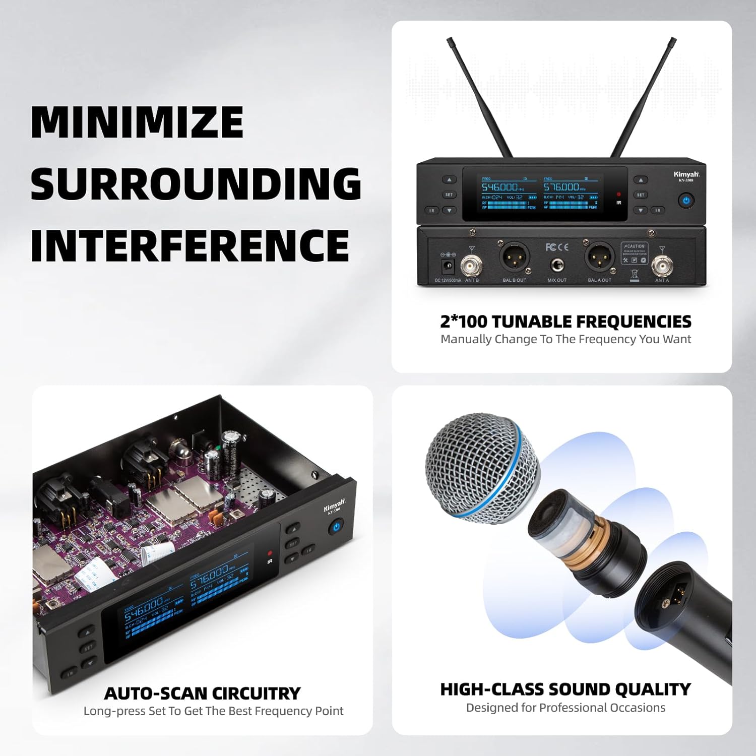 Kimyah Wireless Microphones System, 2x100 Channels Metal Cordless Handheld Microfonos, 328FT UHF Range, Mics with Stable Signal Transmission for Professional Stage, DJ and Party Karaoke(KY-3308)