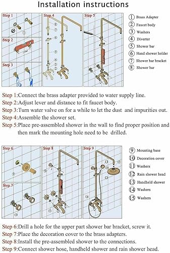Miniatura 7 de TINICO Juego de grifos de ducha de latón antiguo, 8 pulgadas, montaje en pared, estilo vintage, cascada, kit de accesorios de ducha con rociador de