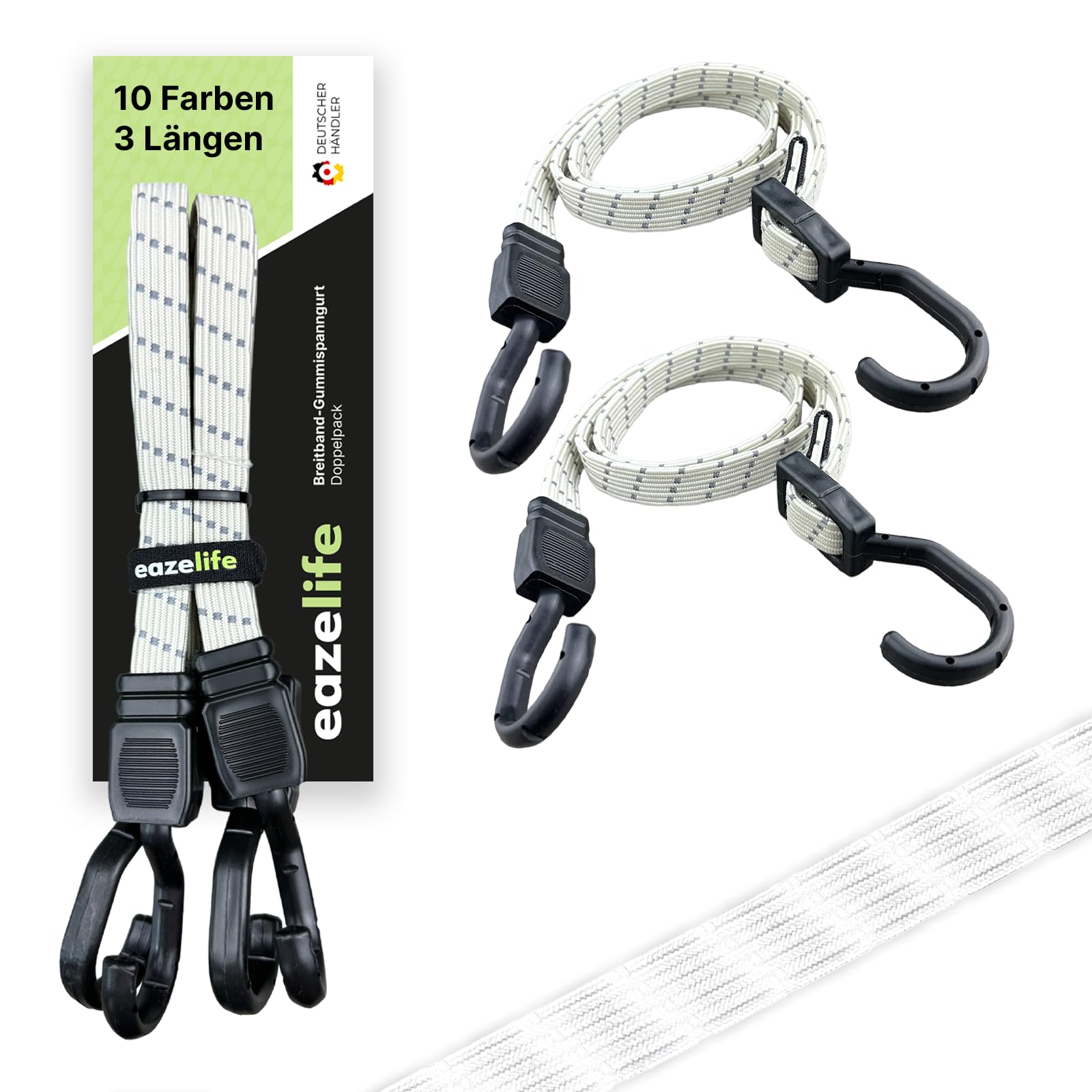 2er Set Gummispanngurt, verstellbar, Breitband Expander mit Metallhaken, Stark Belastbar, für Auto, Fahrrad und Outdoor-Aktivitäten (10 Farben 3 Längen) (Schnee, 80 cm)