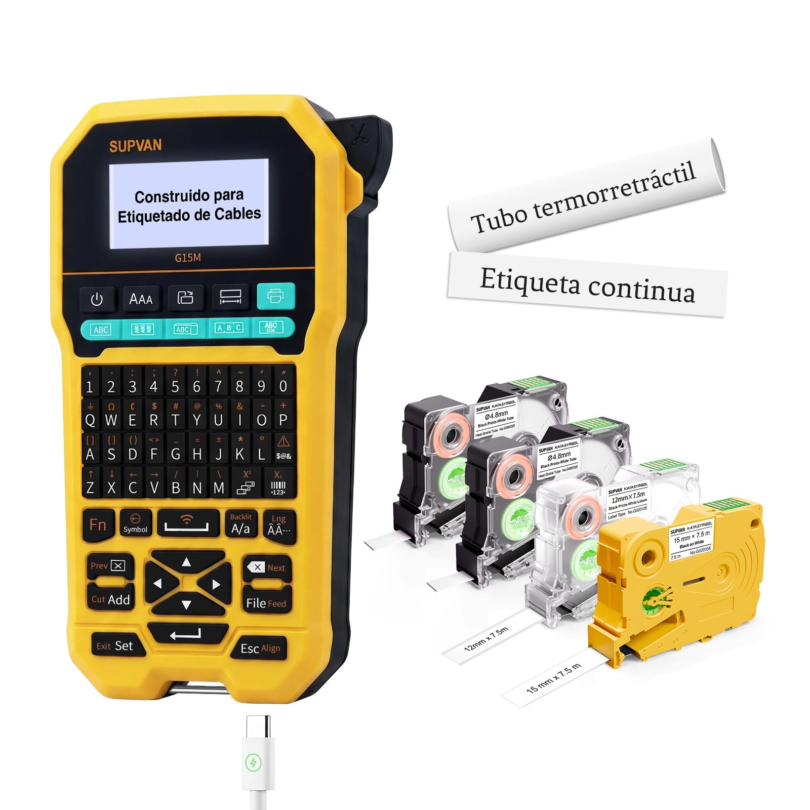 SUPVAN G15M Etiquetadora Industrial con 2 Termorretráctiles & 2 Etiquetas | Compatible Bluetooth/Teclado, Pantalla LCD Retroiluminada, Recargable, para Entornos Industriales, Eléctricos, Mantenimiento
