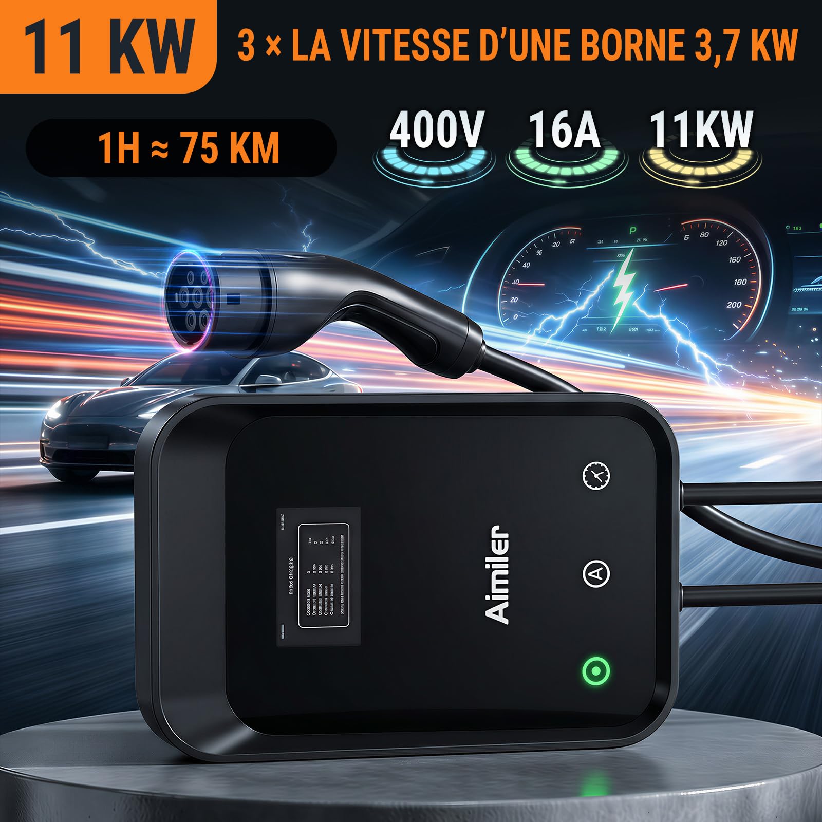AIMILER Borne de Recharge 11kW Triphasé avec APP, Wallbox 11kW Type 2 Câble 7M, LCD 4.3", IP66, RCBO Type A 30mA+6mA DC, CE+TÜV, Minuterie & Départ Différé, pour Véhicules Électriques (BEV/PHEV)