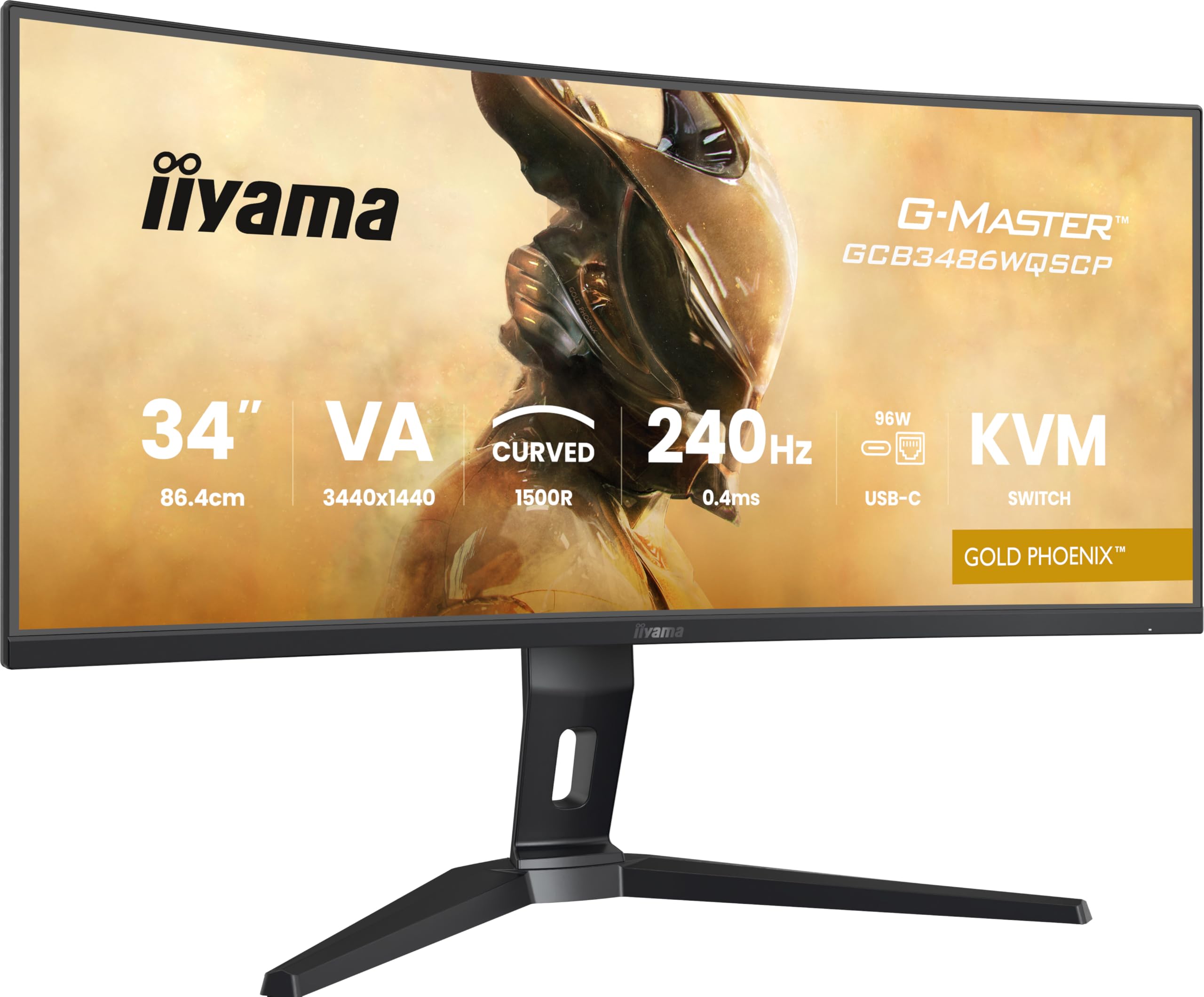 iiyama G-MASTER Gold Phoenix GCB3486WQSCP-B1 Curved 1500R 86.4cm 34“ VA LED Gaming Monitor UWQHD HDMI DP USB3.2 USB-C Dock 95W RJ45 LAN 0.4ms 240Hz KVM HDR400 FreeSync Premium PIP/PBP Höhenverstellung
