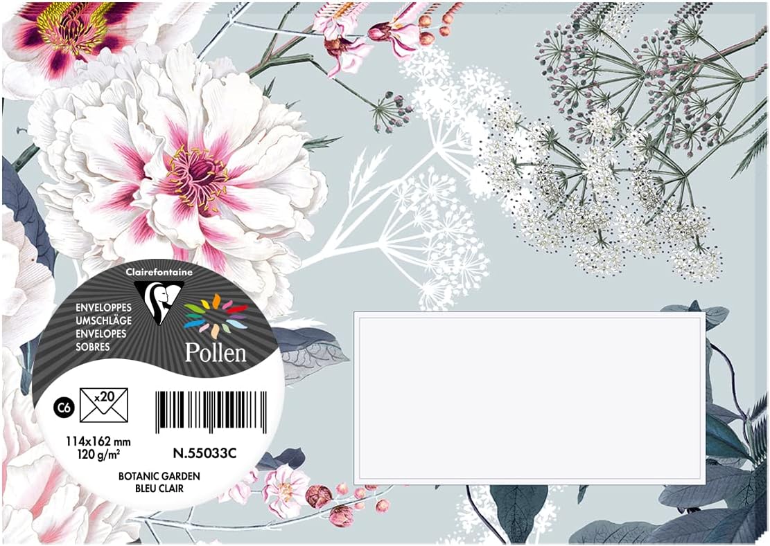 Clairefontaine 55033C Botanic Garden Theme Set of 20 Gummed Printed Envelopes C6 11,4x16,2cm 120g Light Blue colour Events & Correspondence Invitation Pollen range