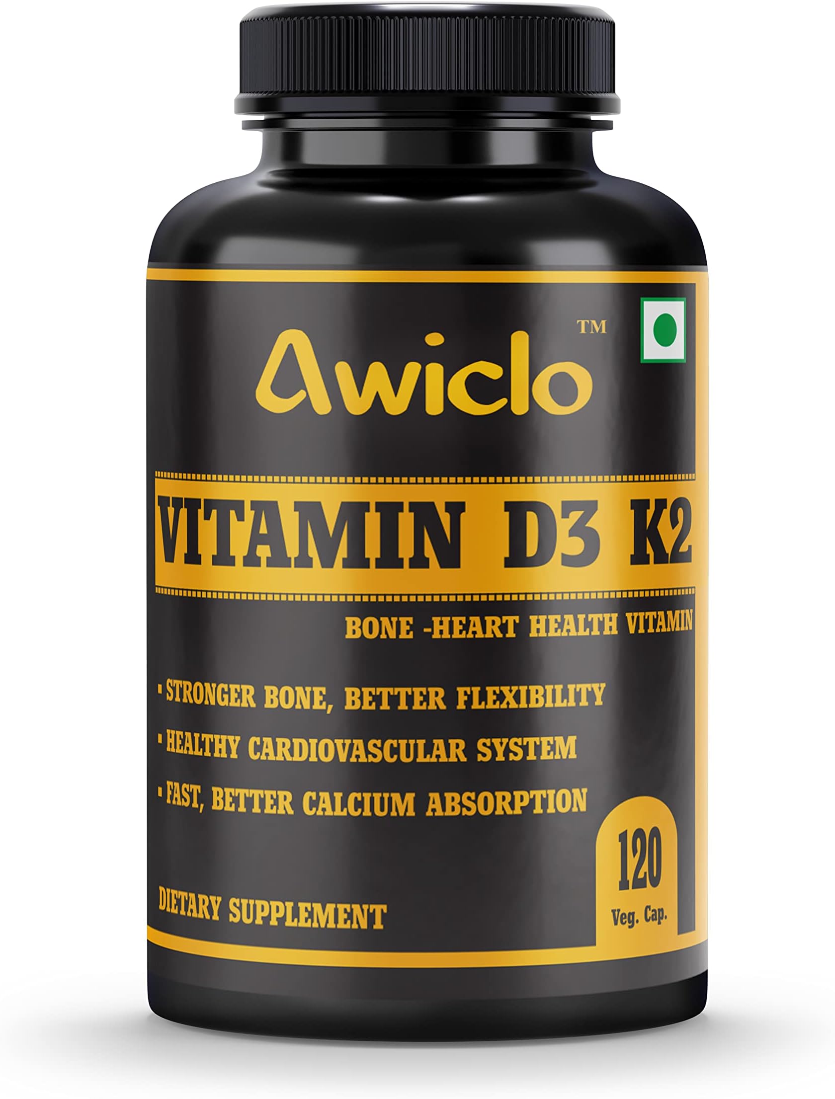 Plant Based Organic Vitamin D3 Vitamin D3 + K2 Capsules, Vitamin K2-7 To Support Bone & Heart Health In Men & Women 120 Capsules, Green