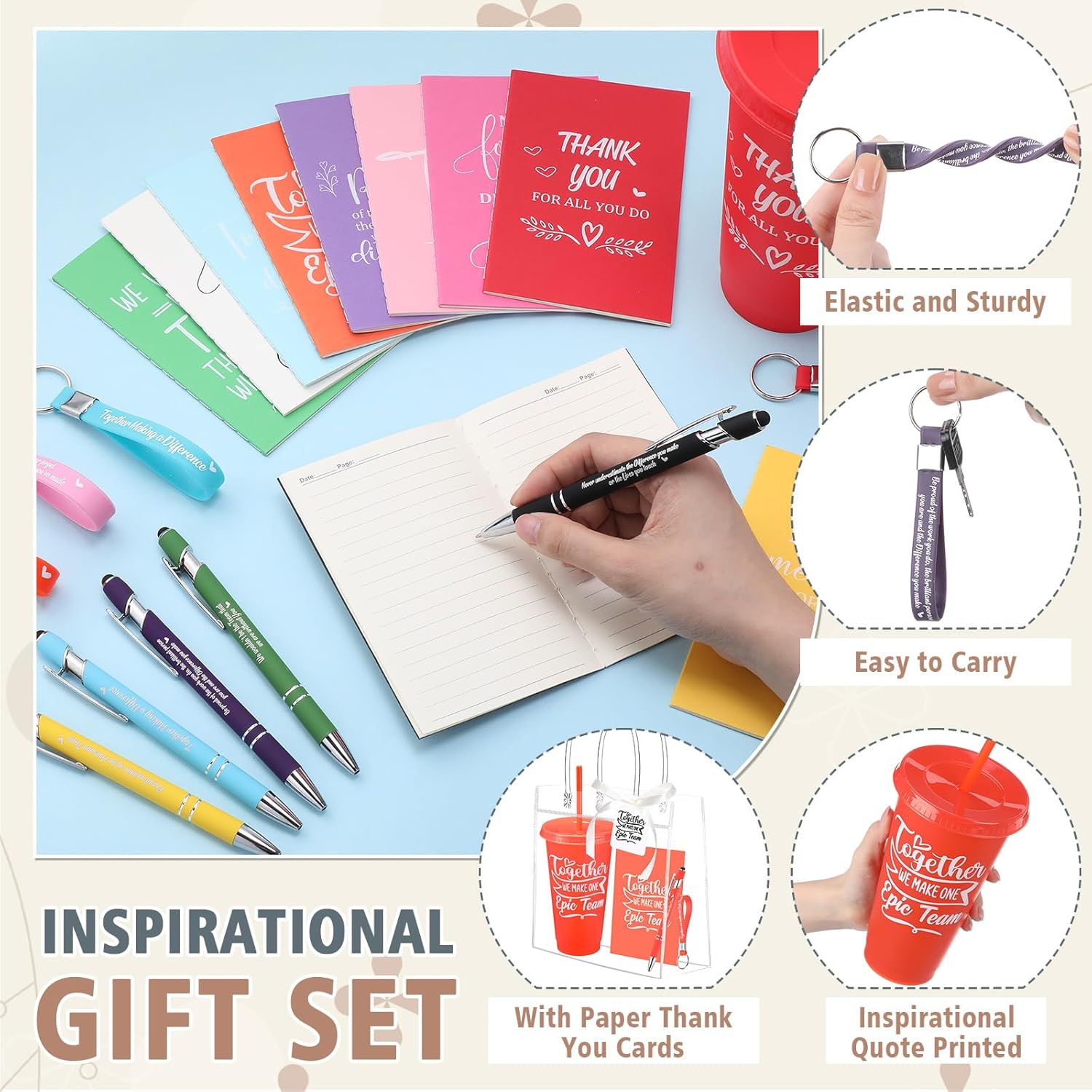 181 Pcs Employee Appreciation Gifts 24 oz Inspirational Plastic Cups with Lid and Straw Notebooks Ballpoint Pens Keychains PVC Gift Bags Thank You Supplies for Teacher Coworker Staff(Novel) - Image 4