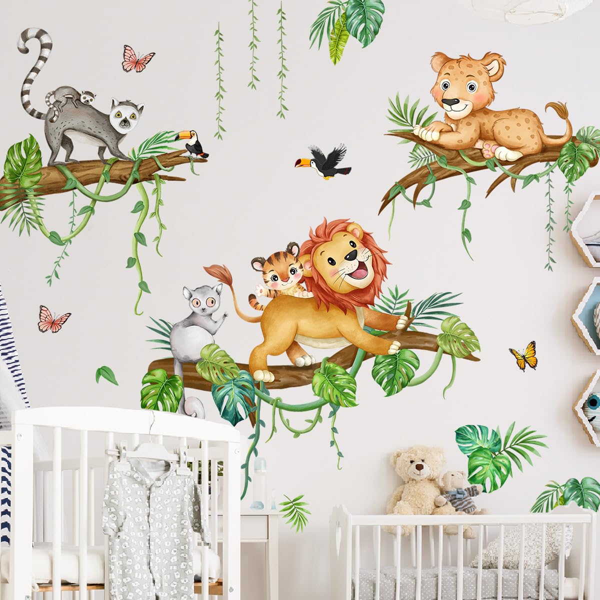 Runtoo Safari Animals Lion Wall Stickers Tropical Palm Leaves Jungle Animal Tree Branch Wall Art Decals for Baby Nursery Kids Bedroom Classroom Home Decor