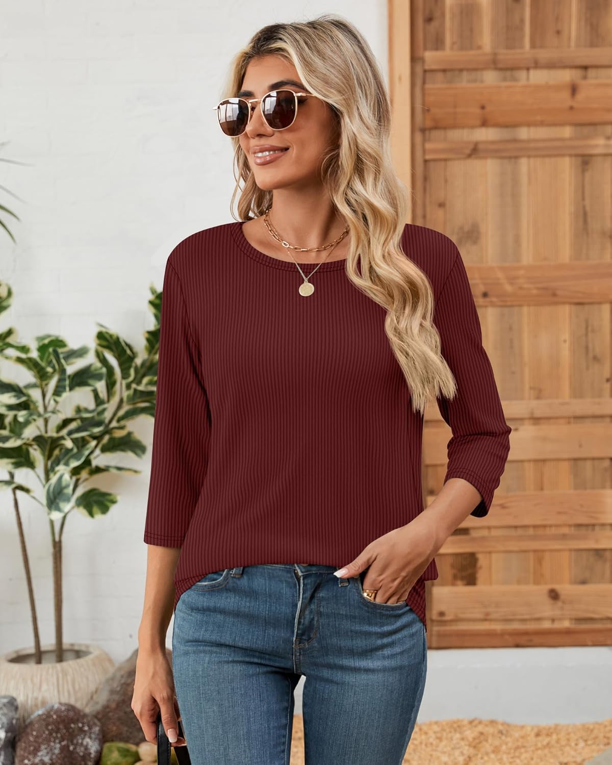 Riyiper 3 Pack Ribbed Knit 3/4 Sleeve Tops for Women Round Neck Basics Tees Casual Trendy Loose Fit T Shirts Blouses - Image 3