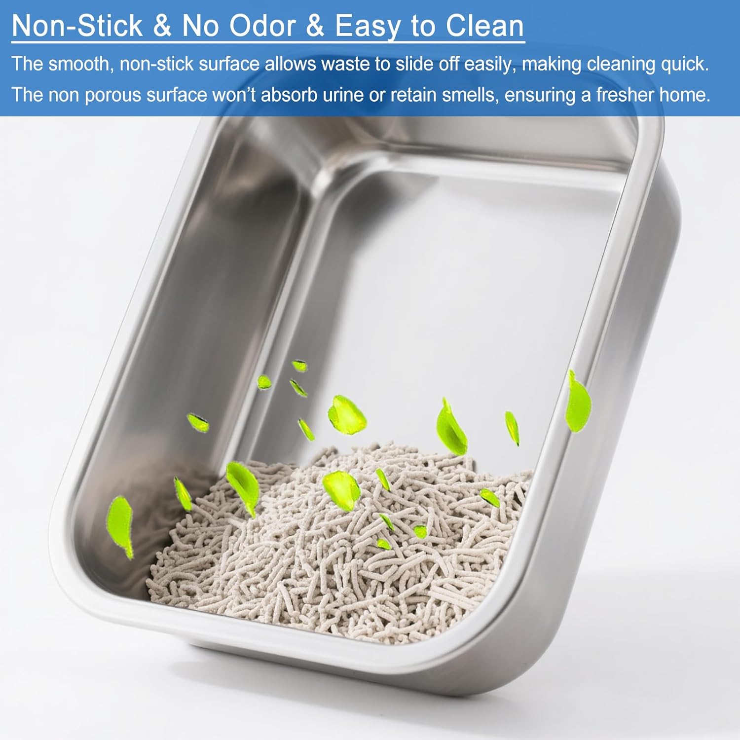 2 Pack Stainless Steel Cat Litter Box Large Metal Litter Pan Tray High Sided Cat Box, Pet Toilet Supplies for Indoor Cats Kitten Rabbit - Non Stick, No Smell, Easy to Clean - 17.72x13.78x5.91 Inch
