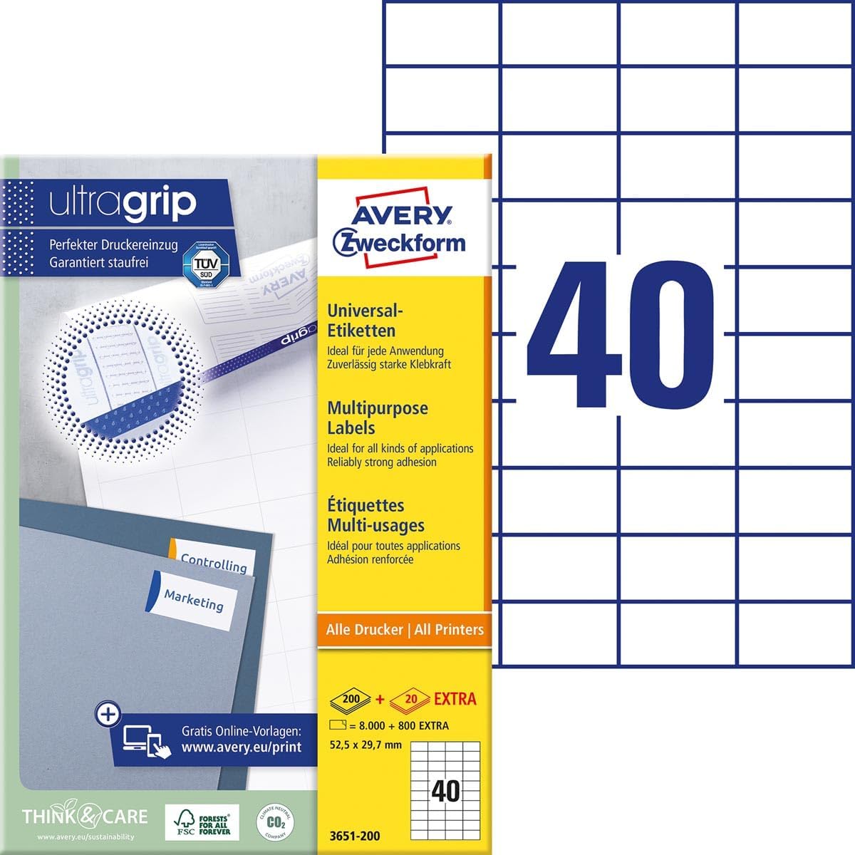 AVERY Zweckform 3651-200 Universal Labels (8,000 Plus 800 Adhesive Labels Extra, 52.5 x 29.7 mm on A4, Matte Paper, Individually Printable, Self-Adhesive Stickers with Ultragrip) 220 Sheets, White