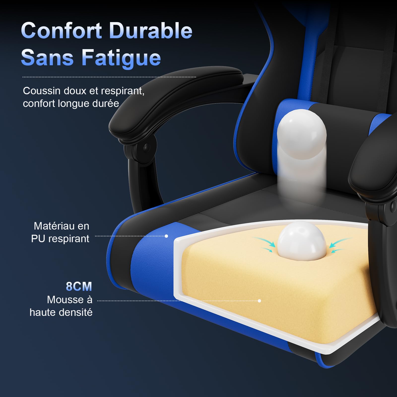 JUMMICO Chaise Gaming avec Massage Lombaire, Chaise Bureau Ergonomique avec Dossier Inclinable, Fauteuil Gaming avec Assise Douce et Résistante, Idéale pour Jeux et Boulot, Bleu