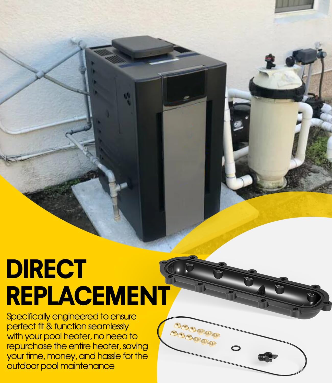 206A - 407A Replacement Return Header with Seal & Flange Nut Kit for Raypak 206A 266A 336A 406A 407A Pool Heaters