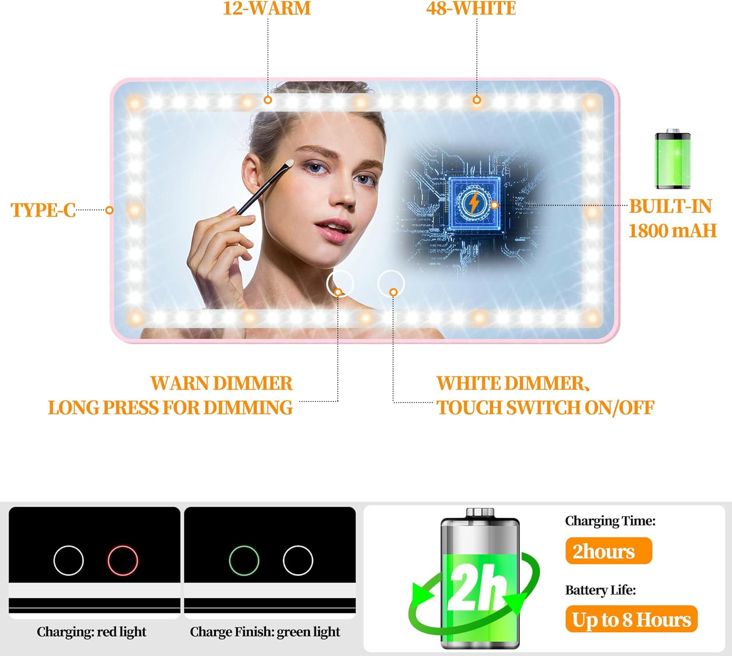 Car Sun Visor Vanity Mirror with Lights, Pink Rechargeable Car Makeup Mirror Accessories, Birthday Gifts for Women Girl, 3 Light Modes, Dimmable Touch Led Screen, Universal for Car Truck