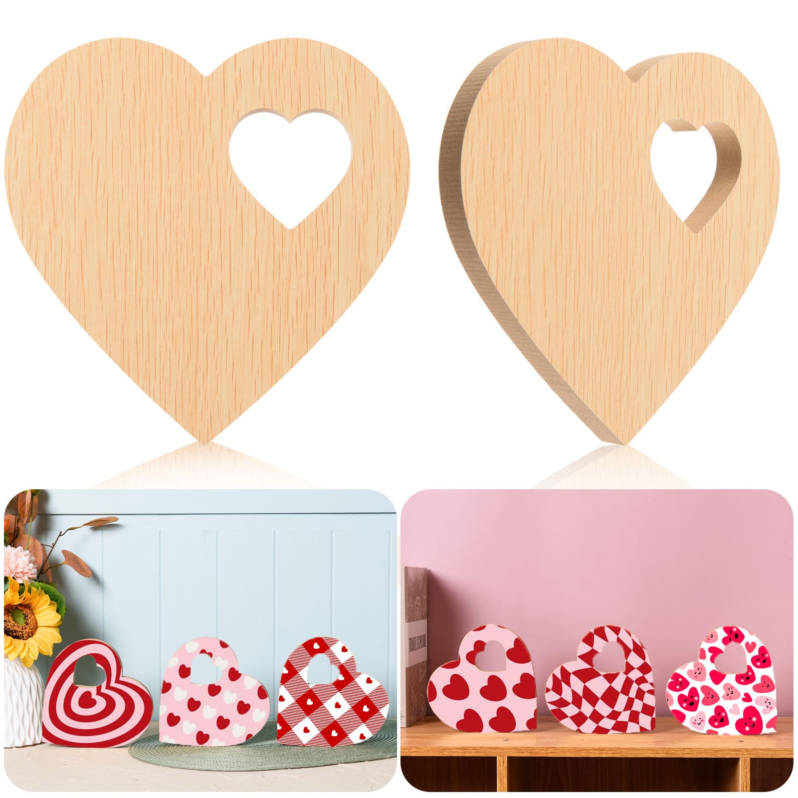 AWIZOM 6 Stück Valentinstags-Holzherz-Ausschnitte, 15 cm, unlackiertes Holz, herzförmige Tischschilder mit Hitzeloch, Holz, Bauernhaus, abgestufte Tablett-Blöcke für Heimwerker, Basteln, Muttertag,
