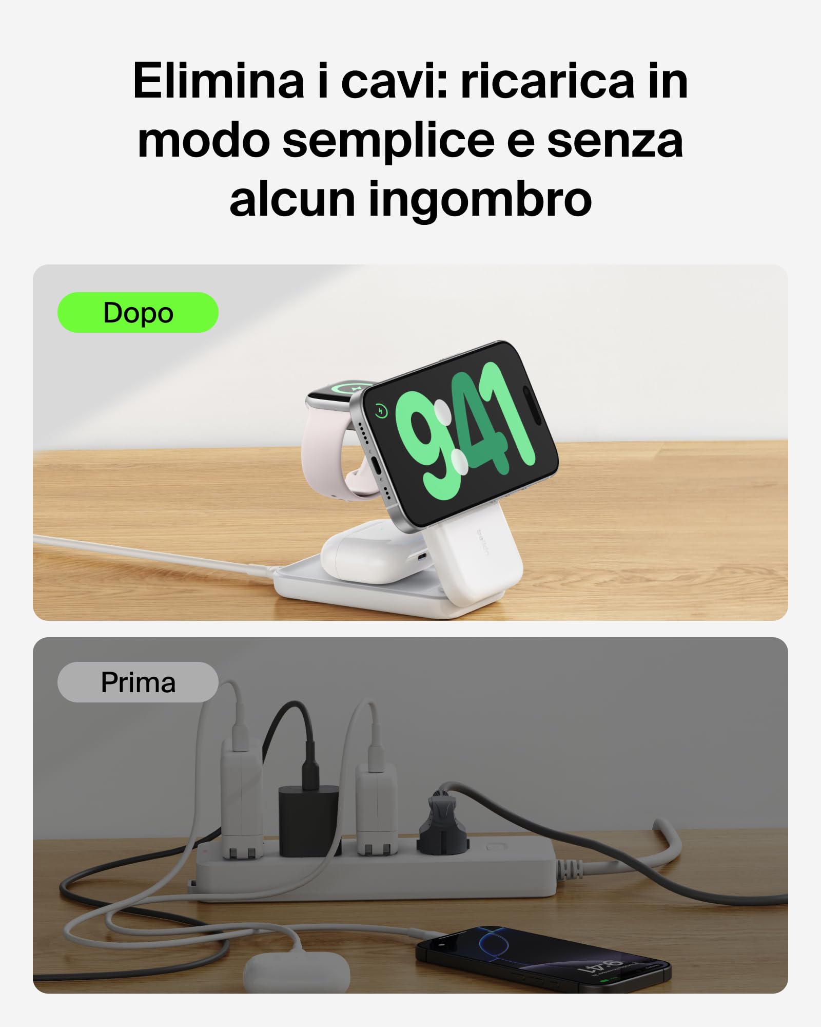 Belkin UltraCharge Caricatore Wireless Magnetico Qi2, Stazione di Ricarica 3 in 1 25W, Caricatore Compatibile con MagSafe per iPhone 16, Apple Watch, AirPods, Pixelsnap con Adattatore 45W, Bianco