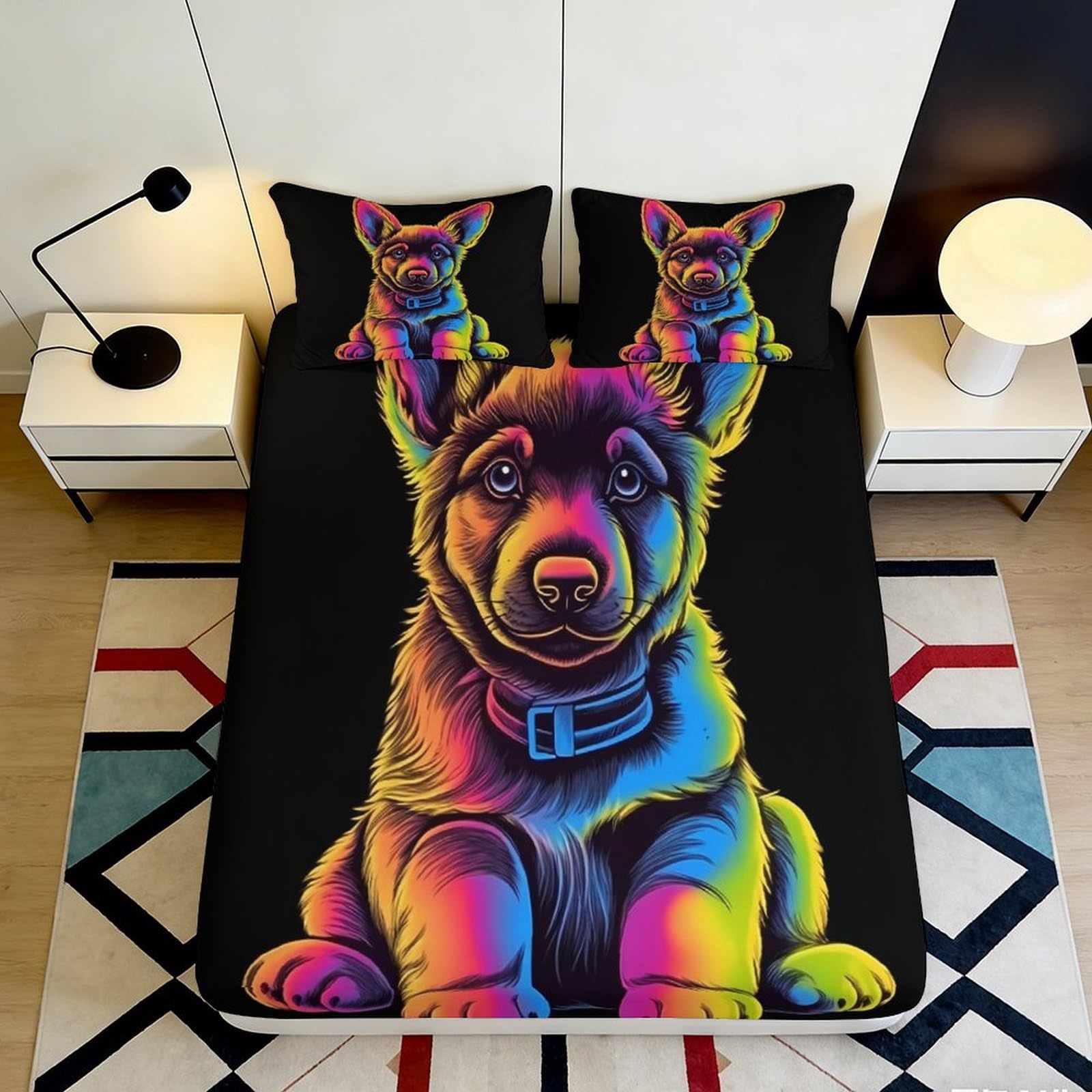 3D Printed Neon German Shepherd Fitted Sheet Microfiber Durable Breathable Rainbow Dog Bed Cover for Bedroom Dormitory Guest Room Mattress Protection 180x200x25cm