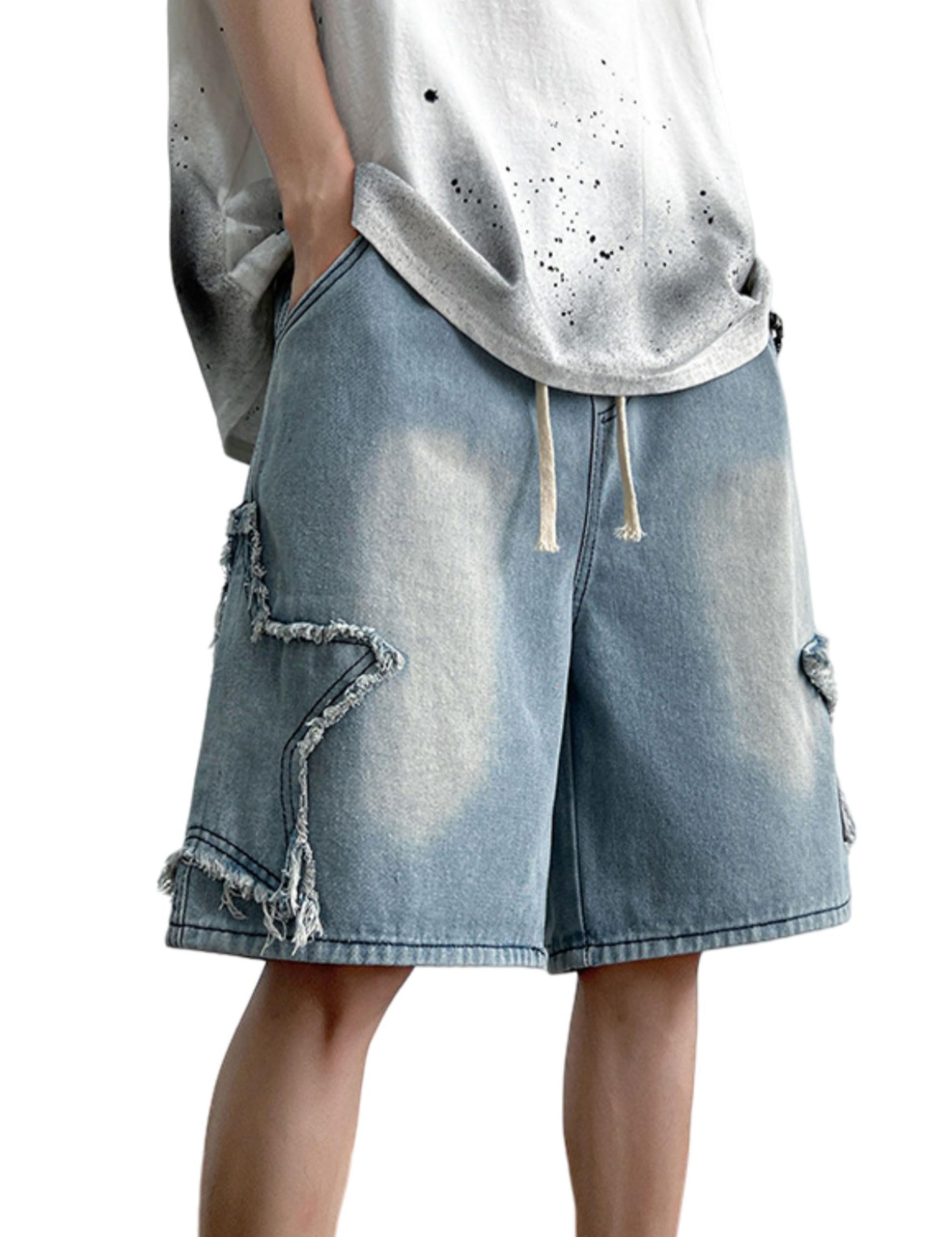FCOOLYEETMen's Baggy Jeans Shorts Y2k Star Patchwork Denim Shorts Wide Leg Loose Hip-hop Jorts Y2k