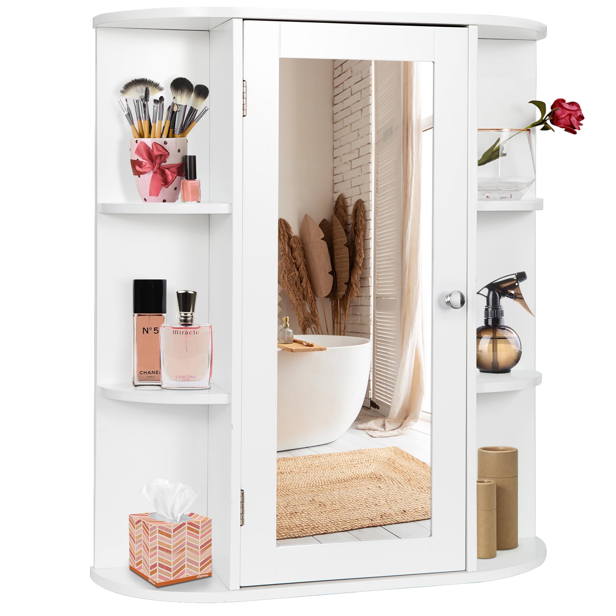 SUPER DEAL Bathroom Mirror Medicine Cabinet with Storage, Wall Mount Cabinet with Mirror Door, Inner Adjustable Shelves, 6 Open Shelves, White