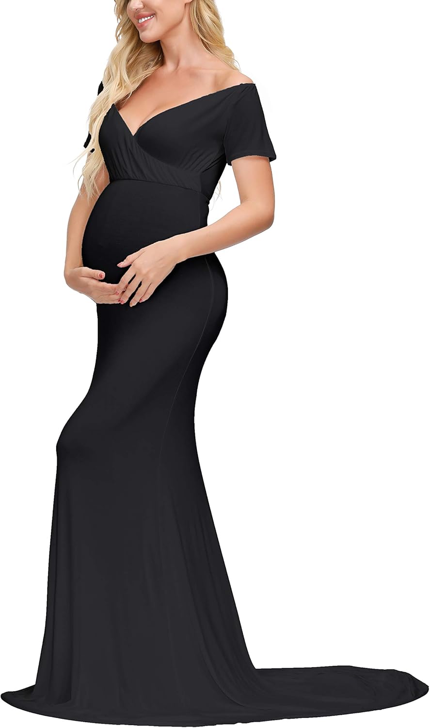 JustVH Maternity Elegant Fitted Maternity Gown Short Sleeve Cross-Front V Neck Slim Fit Maxi Photography Dress for Photoshoot