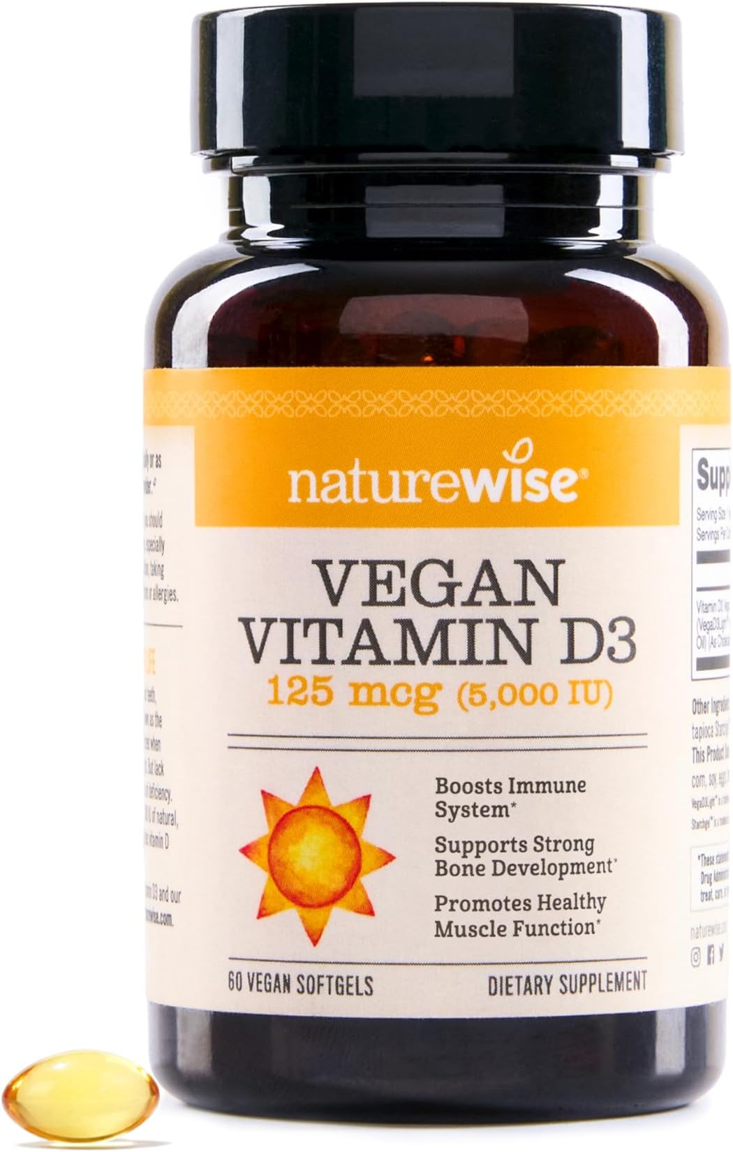NatureWiseVitamin D3 5000iu (125 mcg) with Plant-Based Vitamin D3 - Support for Muscle, Bone, Immune Health - Bioavailable with Extra Virgin Olive Oil - Non-GMO, Vegan - 60 Softgels[2-Month Supply]