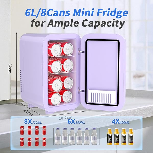 YASHE Mini Fridge, 6 Liter/8 Can 220-240V AC/DC Portable Thermoelectric Cooler Refrigerators for Bedroom, Skincare, Beverage, Office, Dorm Room and Car, Purple - 2