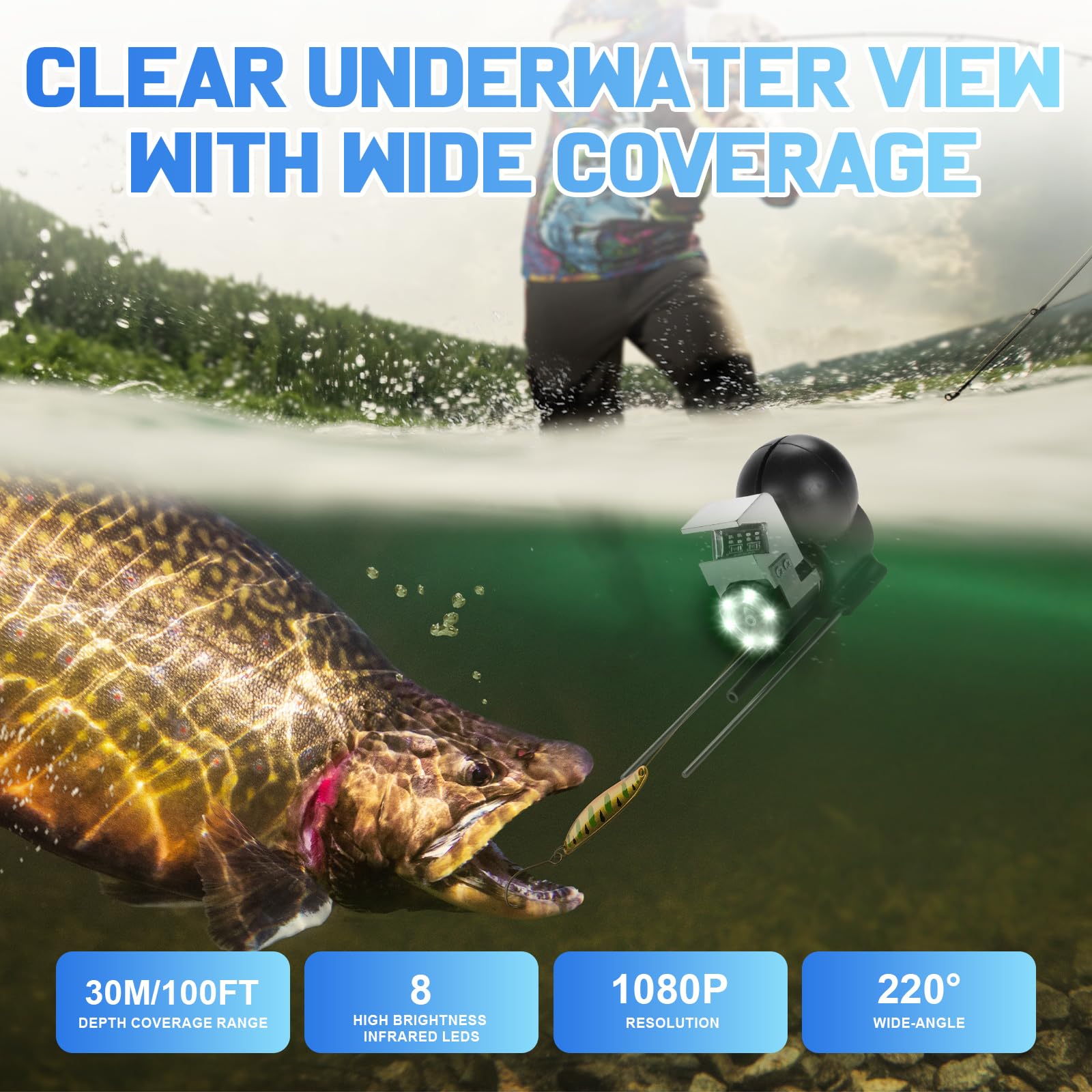 Buscador de peces IPS de 5 pulgadas para barco con 6000 mAh, cámara de pesca subacuática 1080 HD, gran angular de 220°, impermeable IP68, cámara de pesca en hielo de 30 m con 8 LED IR de alto brillo