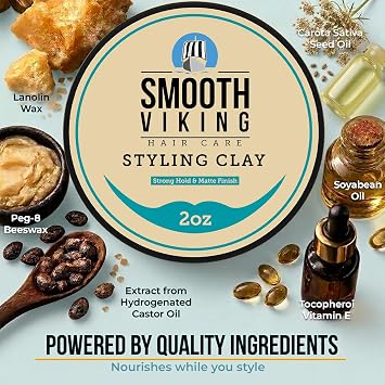 Smooth Viking, Hair Clay for Men Strong Hold Matte Finish Easy Wash Out 2oz | Clay Texture Styling Easy Wash Natural Thickening Hair Product, Mens Hair Products Texture Clay for All Hair Types, USA Made
