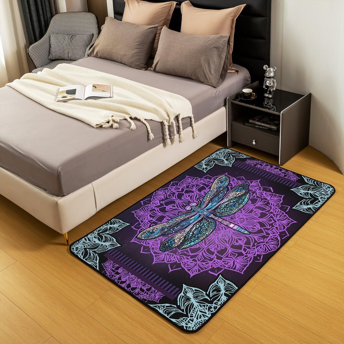 Chic Dragonfly Area Rug 3x5, Bohemian Mandala Rug for Teens Adults, Boho Hippie Abstract Flower Non Shedding Carpet, Paisley Black Purple Decorative Rug