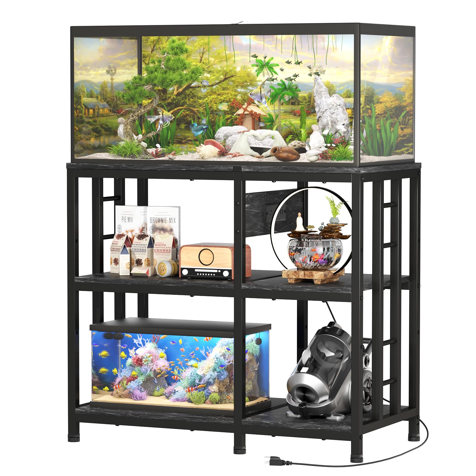 Soporte reforzado para acuario de 40 a 50 galones con toma de corriente, soporte de metal ultra estable de 750 libras de capacidad para reptiles/acuáticos, sistema de estantería de acero