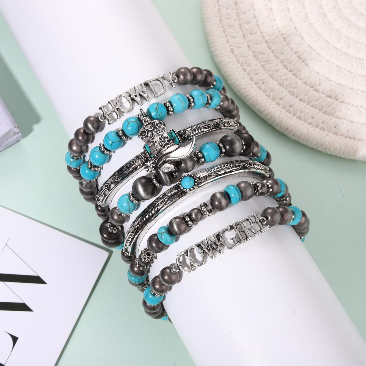 Pulsera de turquesa occidental, pulsera apilable hecha a mano con piedras preciosas para mujer, regalo de cumpleaños de Navidad, Plata, No es una piedra preciosa 5