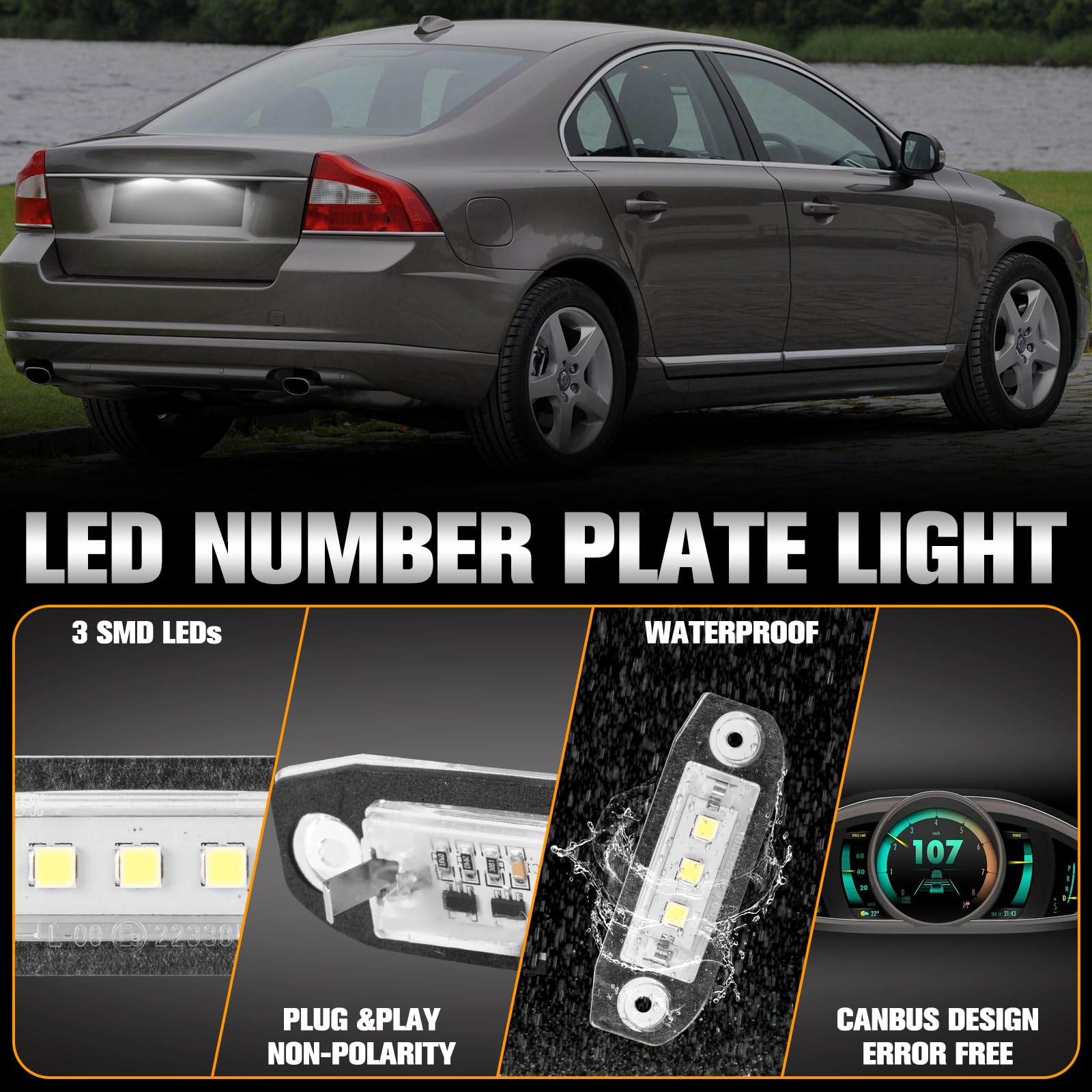 Cnnono8 Lot de 2 éclairages de plaque d'immatriculation à 3 LED pour Volvo S80 S60 C70 V70 XC90 XC60 Blanc Cnnono8 Lot de 2 éclairages de plaque d'immatriculation à 3 LED pour Volvo S80 S60 C70 V70 XC90 XC60 Blanc