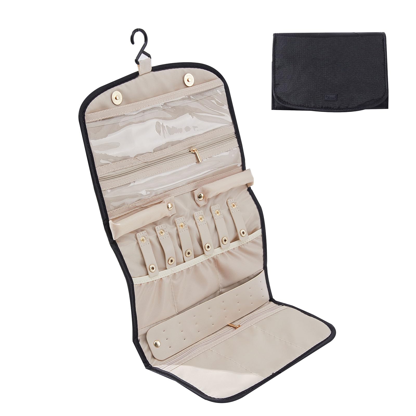 Periea Black ‘Cleo’ Travel Jewellery Organiser Roll Foldable Jewelry Case For Journey - Rings, Necklaces, Bracelets, Earrings (, Large)