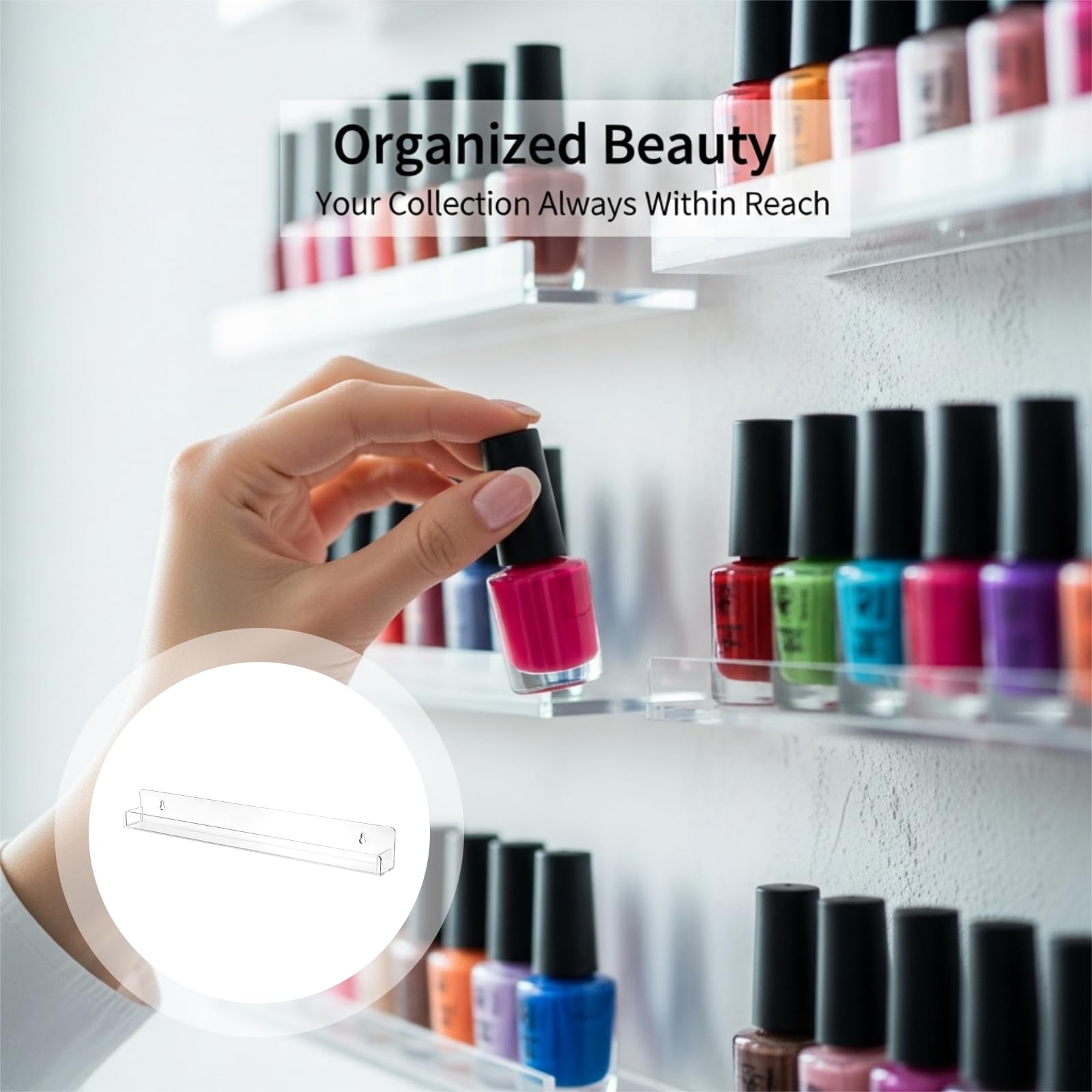 6er Nagellackregal zur Wandmontage, 38 cm Acryl-Wandregal für Nagellacke & ätherische Öle, transparente Aufbewahrung inkl. Montageschrauben für Kosmetikflaschen