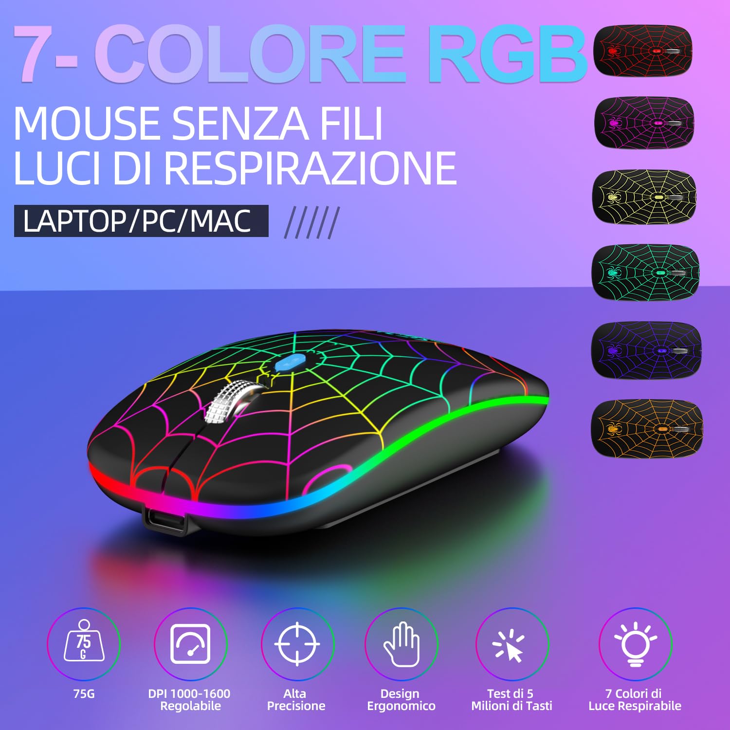 SZO Mouse Wireless Ricaricabile con Convertitore USB e Tipo-C,RGB a 7 Colori,Portatile e Precisione Regolabile (800/1200/1600),Nero