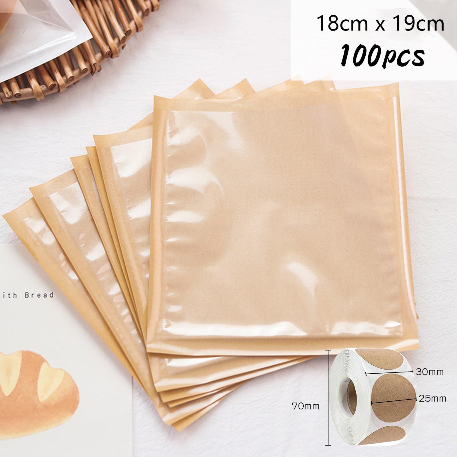 100 bolsas de repostería con cierre térmico con 500 pegatinas, bolsas transparentes para panadería con ventana, papel kraft sellado térmico a prueba de grasa, para galletas, pan, sándwich (18