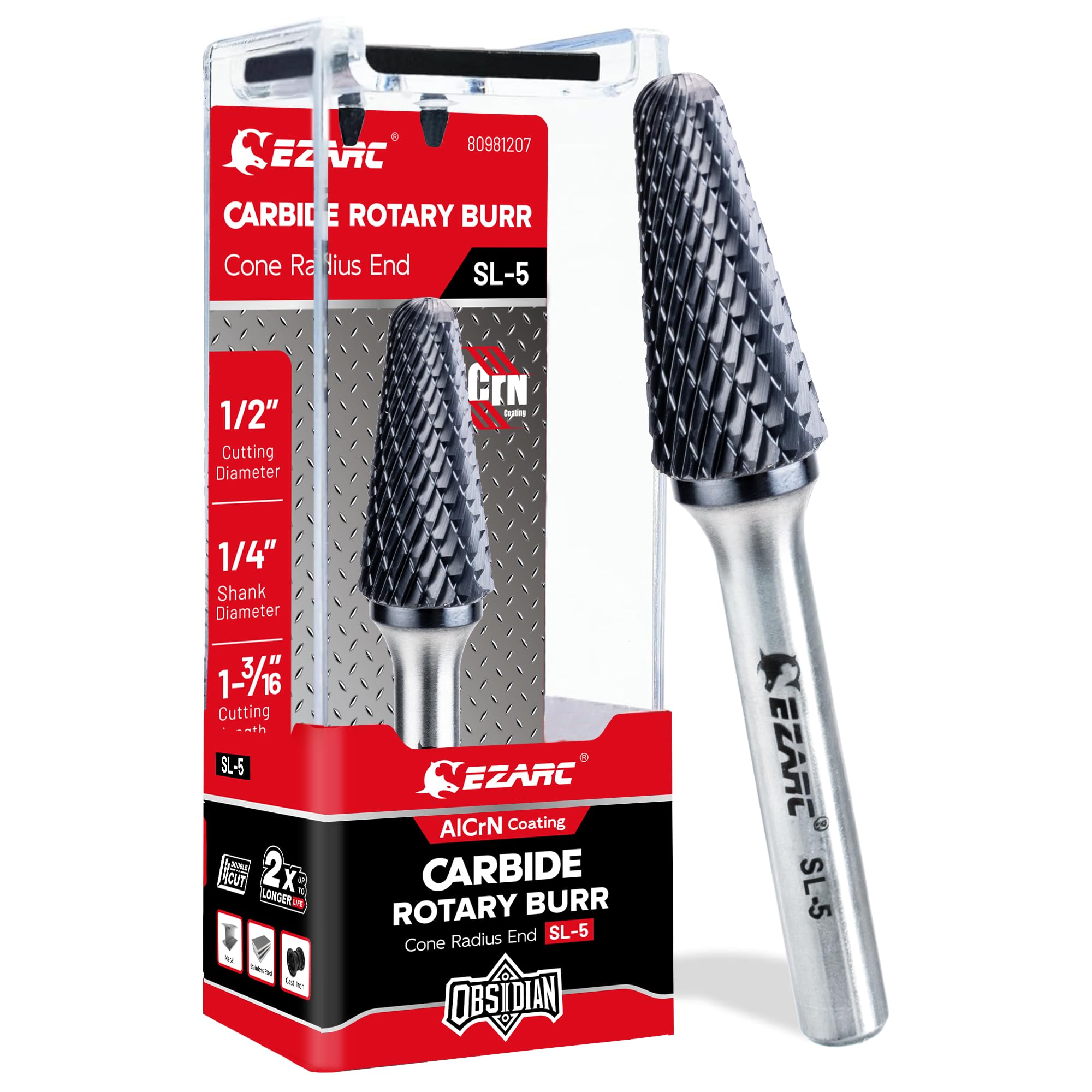 ezarc alcrn carbide rotary burr bit (pro), sl-5 double cut carbide burr 1/4" shank die grinder cutting burrs bit for hard metal working, 1-pack