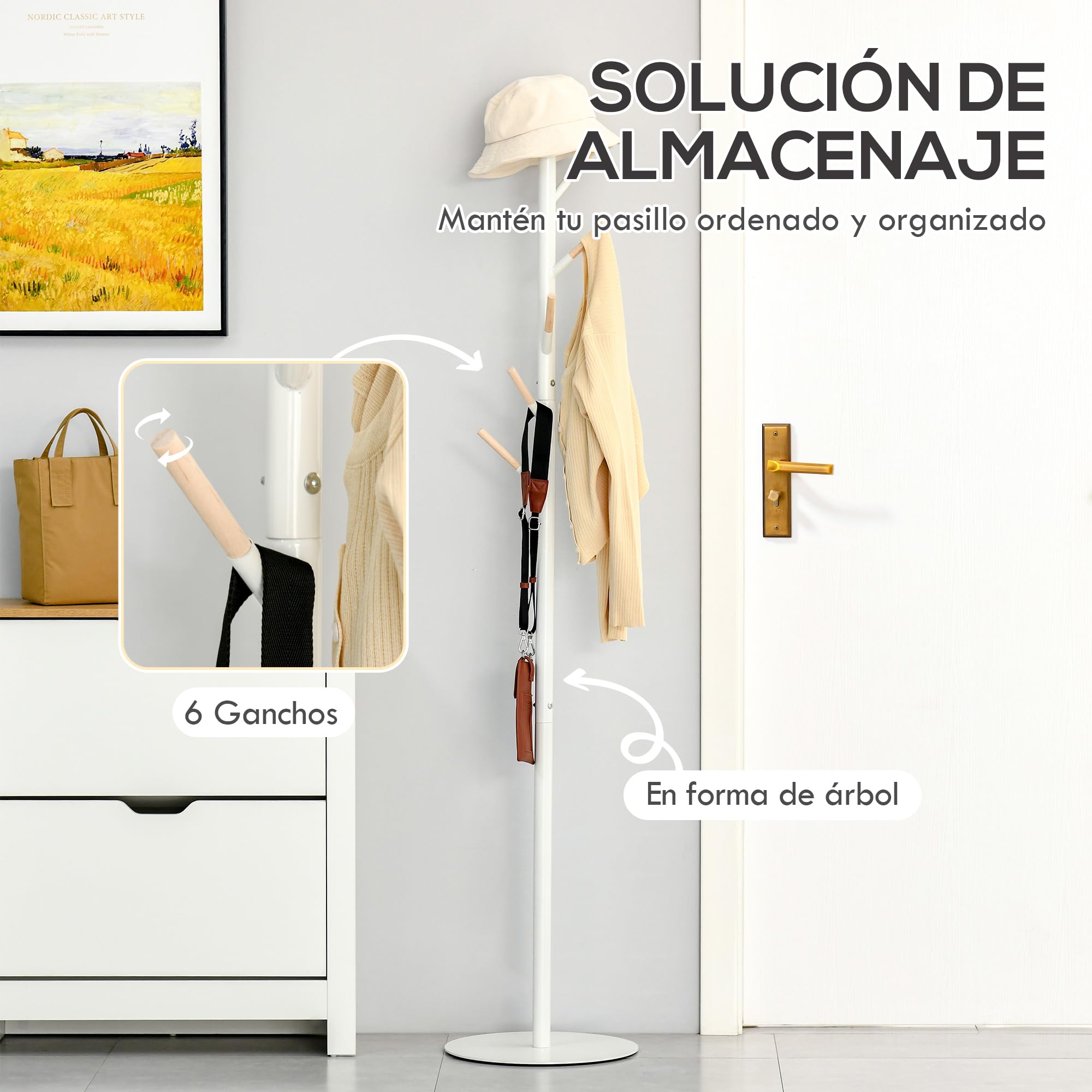 HOMCOM Perchero de Pie con 6 Ganchos de Madera Perchero de Árbol para Ropas, Bolsas y Bufandas, Marco Metálico para Dormitorio, Salón o Entrada 35x35x174 cm Blanco